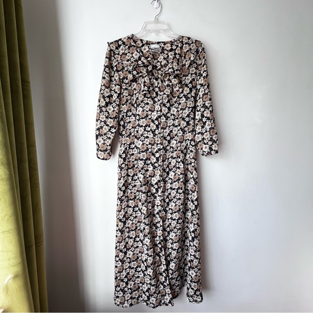 Vintage 90s Jackpot Black Brown Floral Maxi Dress L